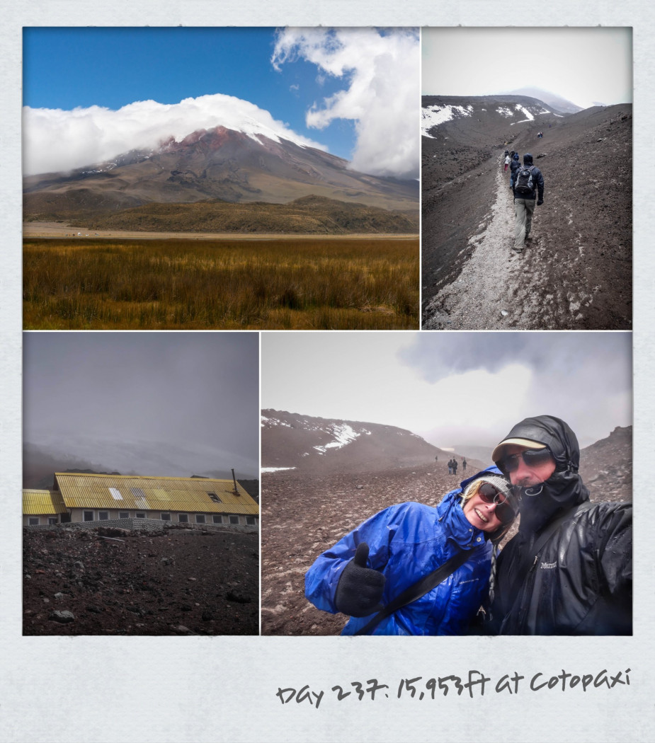 A day trip to Cotopaxi volcano the highest active volcano in the world. Involves a steep climb up to the Refugio hut from the car park. Didn’t look far but with the altitude at 4,800m, weather at it’s worst exposed to strong winds and horizontal icy sleet Nobbies were wondering what we were doing on the side of a volcano again. (Well in particular me!) Sadly couldn’t see the summit but was worth every huff and puff. Now bring on some warm rainforest weather to thaw out up north over the next few days
Like this:Like Loading...