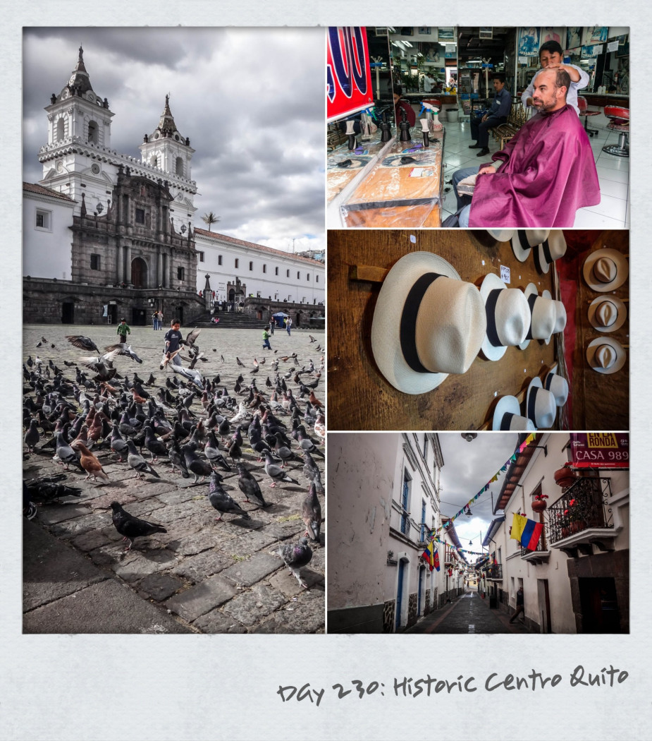 After getting used to working out the local trolley buses, Nobbies spend an afternoon taking in the historic centre of Quito. Ben takes advantage of a $2 haircut and a beard trim. No sterilisation of cut throat razors here. Love sitting in the old plazas watching the world go by and the simplicity of the local children running into a flock of pigeons. I also discover that Panama hats actually were originated in Ecuador.
Like this:Like Loading...