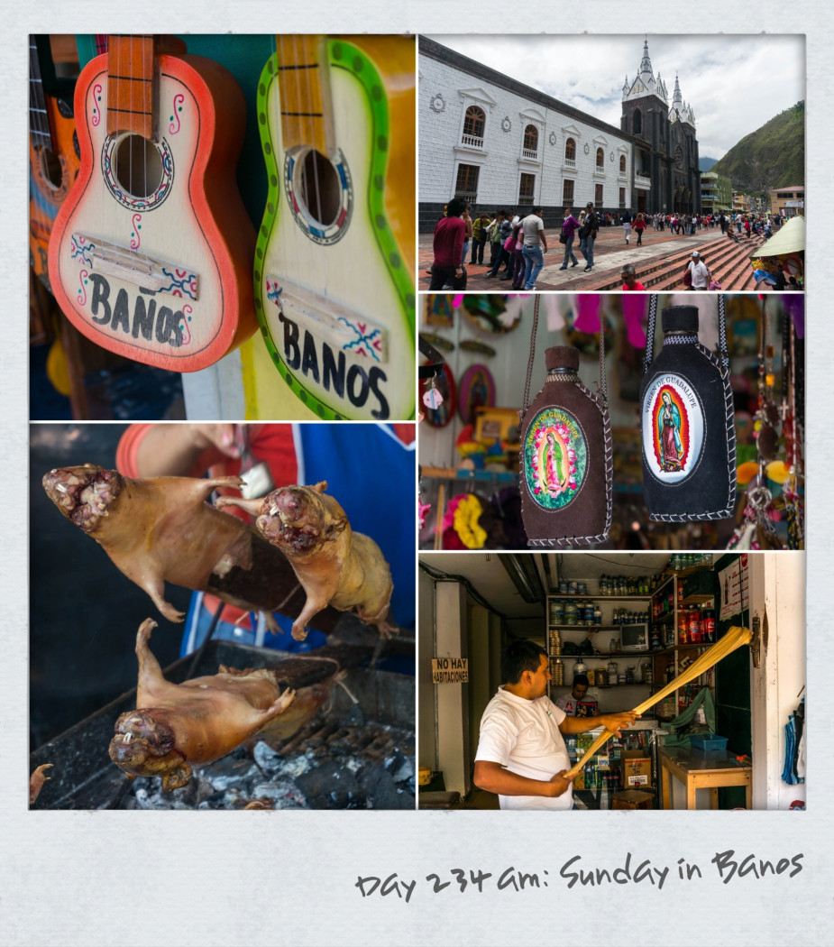 Sunday in Baños. Such a great chilled out town dominated by an active volcano and thermal baths. Plenty of local tourists as this is the last day of vacations in Ecuador. Roasted cuy (guinea pig), craft markets and an unusual way of making local toffee where it is stretched over a wooden hook, beaten and shaped for packaging. The Church of the Virgin Holy Water) here is a place of pilgrimage where people come to thank the Virgin for her miracles. It has been saved many times during volcanic eruptions over the centuries.
Like this:Like Loading...