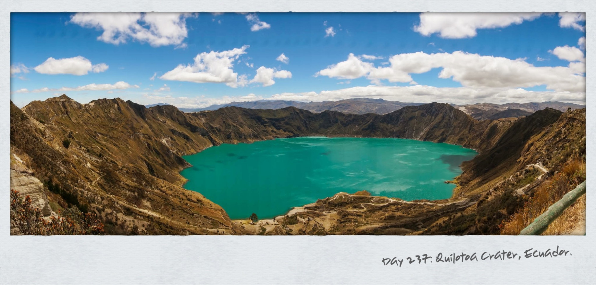 Deadline to make a 8.30am day trip to Quilotoa Crater from Banos 2 hours away made for an early start for the Nobbies. And you know we are not morning people but make it thanks to the local buses. There are four of us on the trip. As photos don’t really give you a sense of scope, the lake itself is 3km wide, top of the crater is 9km in diameter and a vertical drop of 400m. The volcano is
Like this:Like Loading...